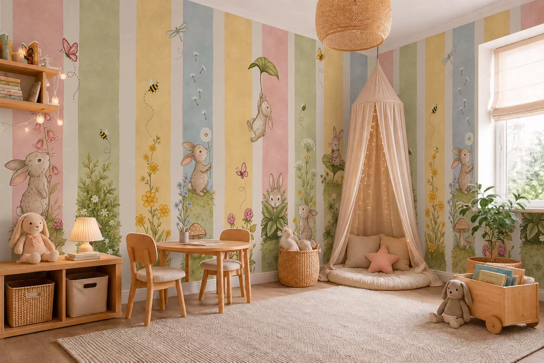 murales de pared Rayas en tonos pastel con conejos, flores, mariposas y abejas w05730
