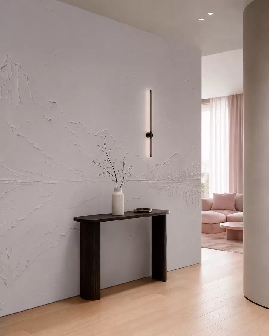murales de pared Un paisaje montañoso de color rosa claro y con textura, con un lago que parece un espejo w05739v1