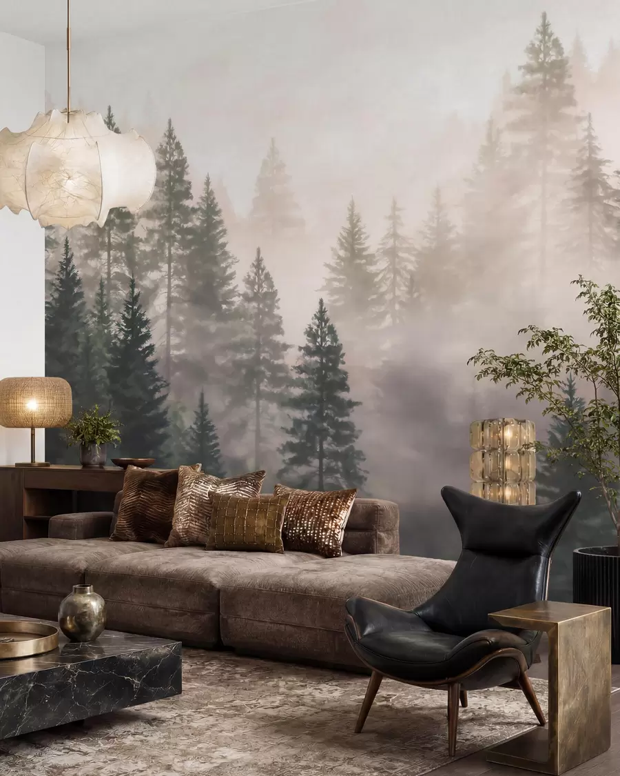 murales de pared Bosque de coníferas envuelto en niebla, en tonos verde oscuro, al estilo de la acuarela w09929