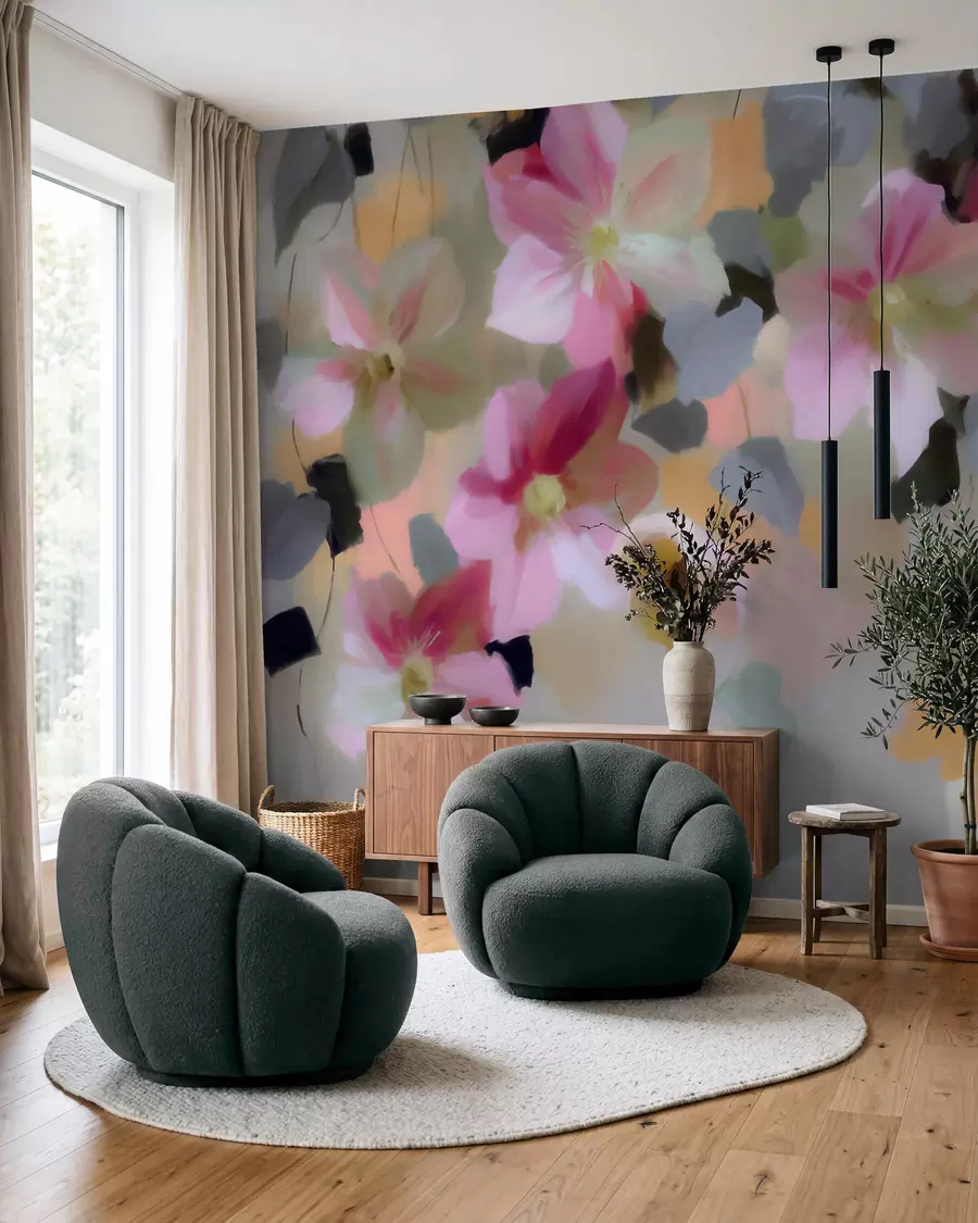 murales de pared Composición luminosa y aireada con flores colgantes en estilo acuarela w09931