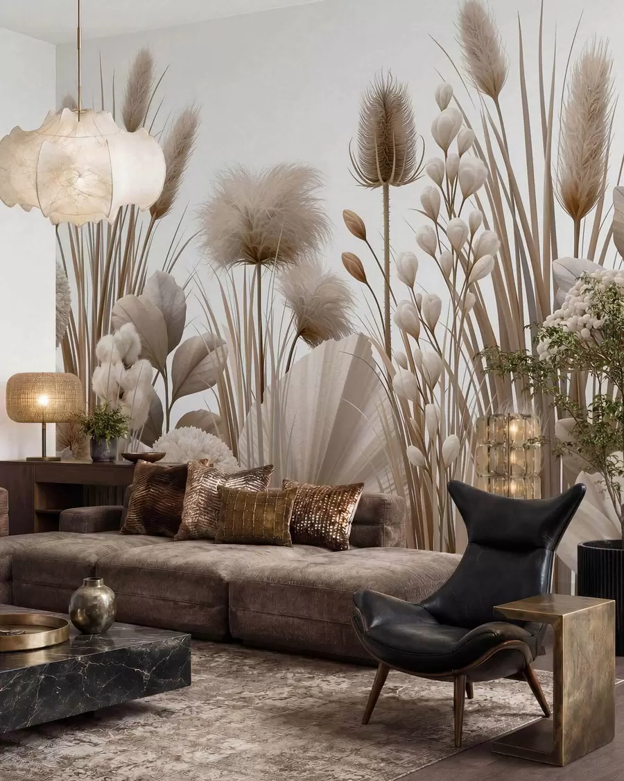 murales de pared Flores secas altas de color beige en tonos neutros w09932