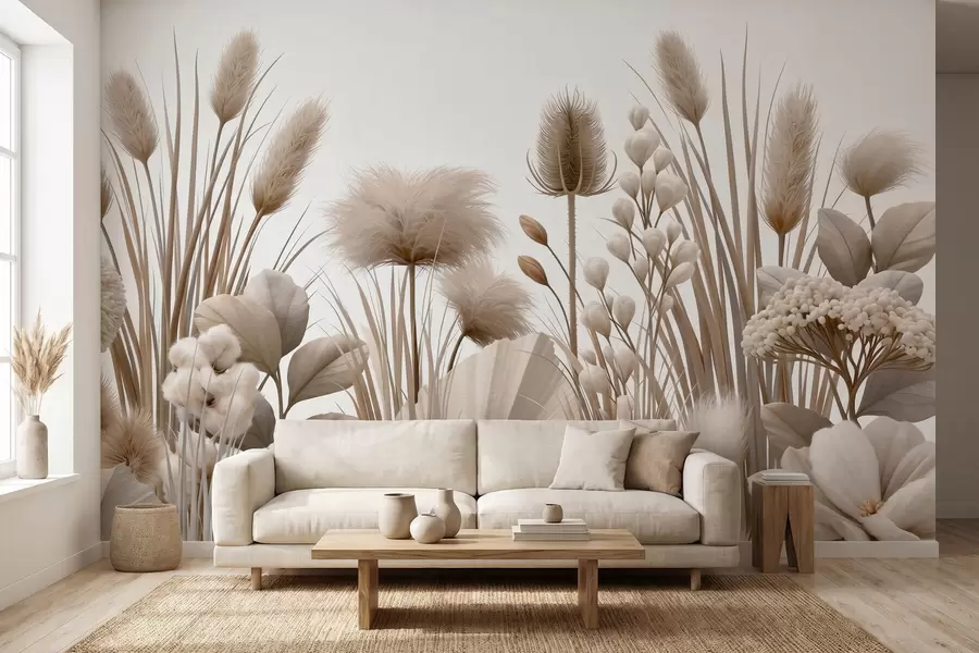 murales de pared Flores secas altas de color beige en tonos neutros w09932