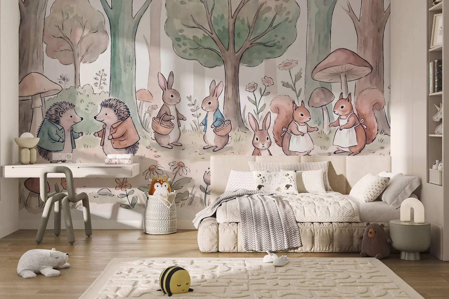 murales de pared Animales del bosque de cuento de hadas en un bosque, pintados al estilo acuarela w09951