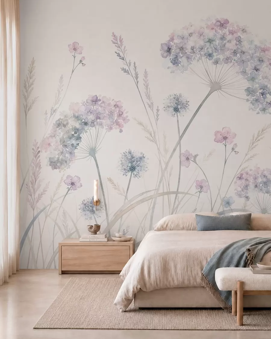 murales de pared Flores de prado en suaves tonos azules y lila w05731
