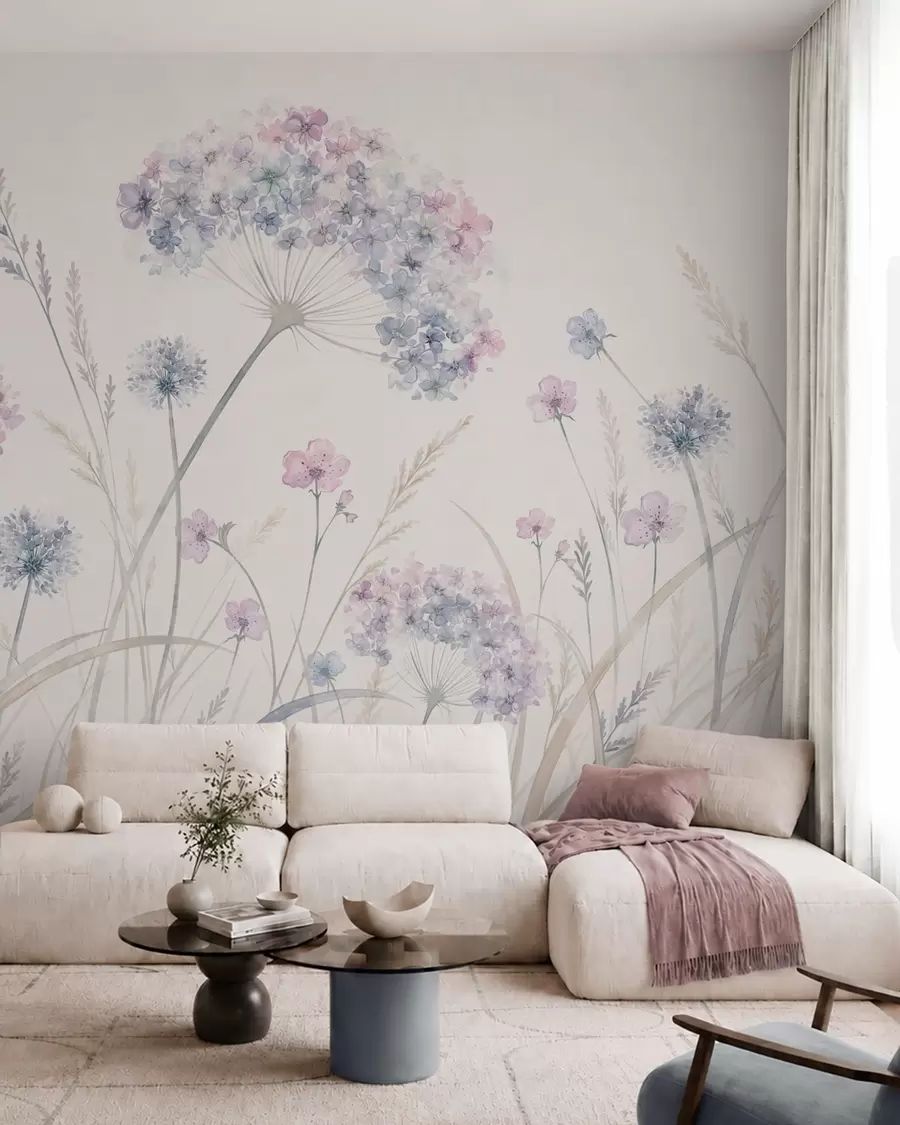 murales de pared Flores de prado en suaves tonos azules y lila w05731