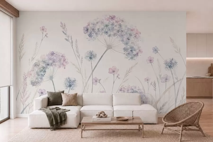 murales de pared Flores de prado en suaves tonos azules y lila w05731