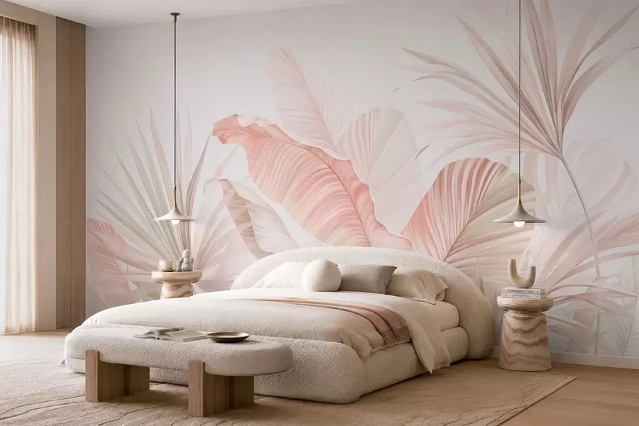 murales de pared Hojas tropicales de aspecto suave en tonos pastel w05810
