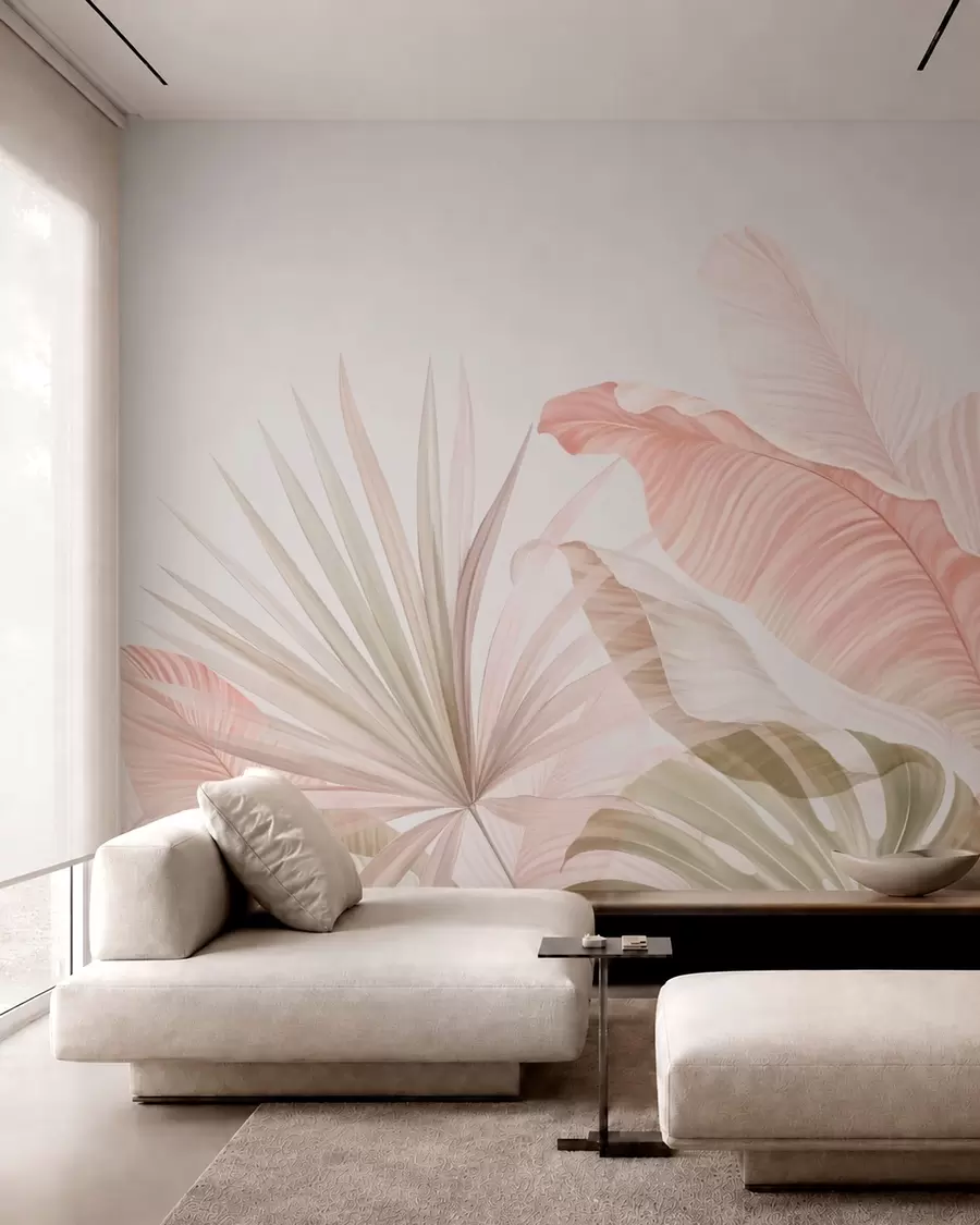 murales de pared Hojas tropicales de aspecto suave en tonos pastel w05810