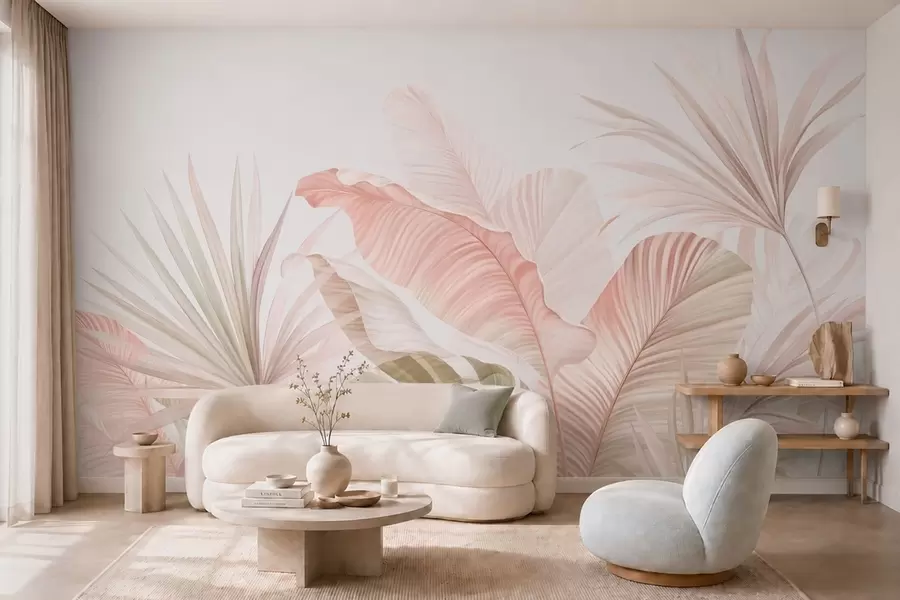 murales de pared Hojas tropicales de aspecto suave en tonos pastel w05810