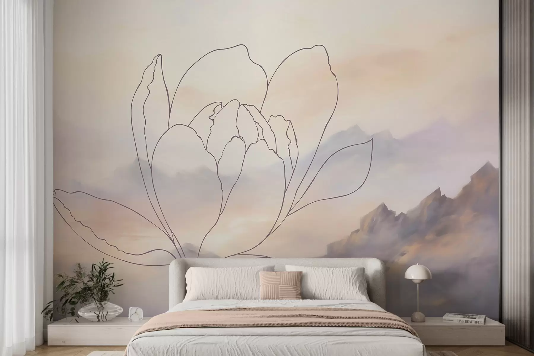 murales de pared Paisaje de montaña con la silueta de una flor w05788