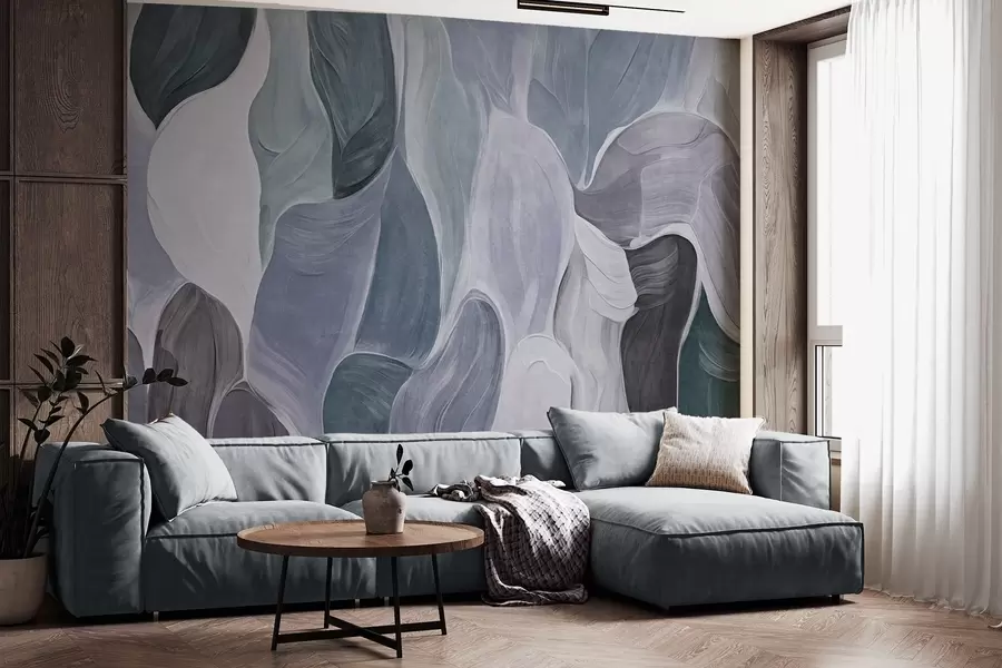 murales de pared Formas abstractas en tonos apagados de azul y gris, imitación de pinceladas w09908v1