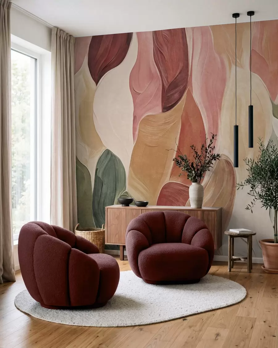murales de pared Formas abstractas en tonos apagados de rosa, melocotón y verde, con imitación de pinceladas w09908