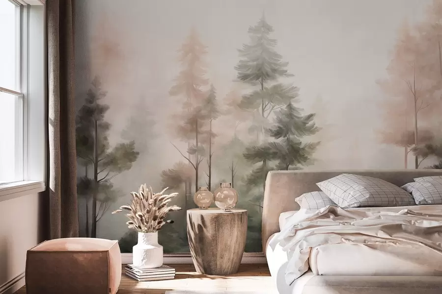 murales de pared Bosque con textura, con altos pinos en tonos verdes y rosas, envuelto en una suave y ligera niebla w09982