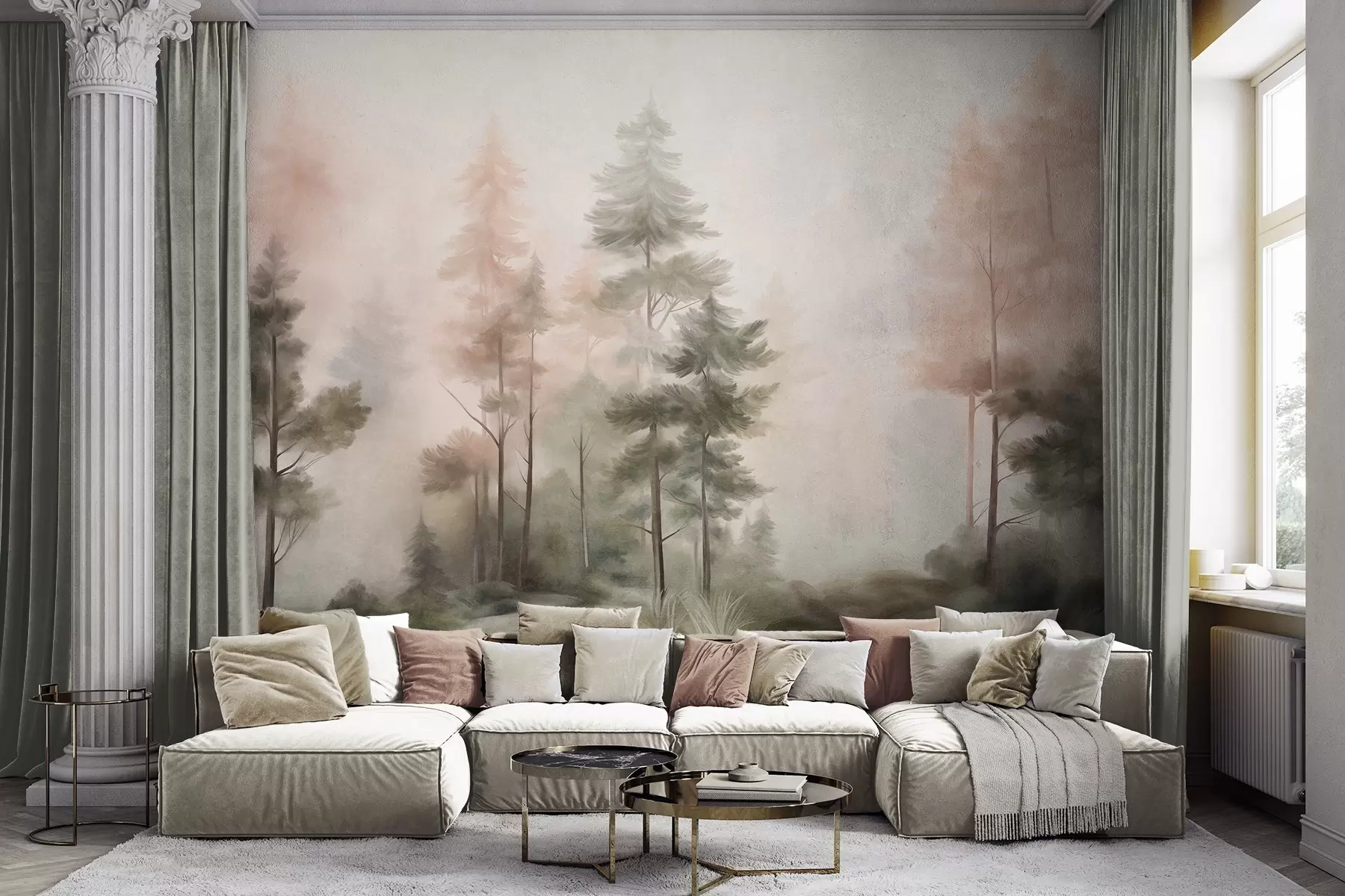 murales de pared Bosque con textura, con altos pinos en tonos verdes y rosas, envuelto en una suave y ligera niebla w09982
