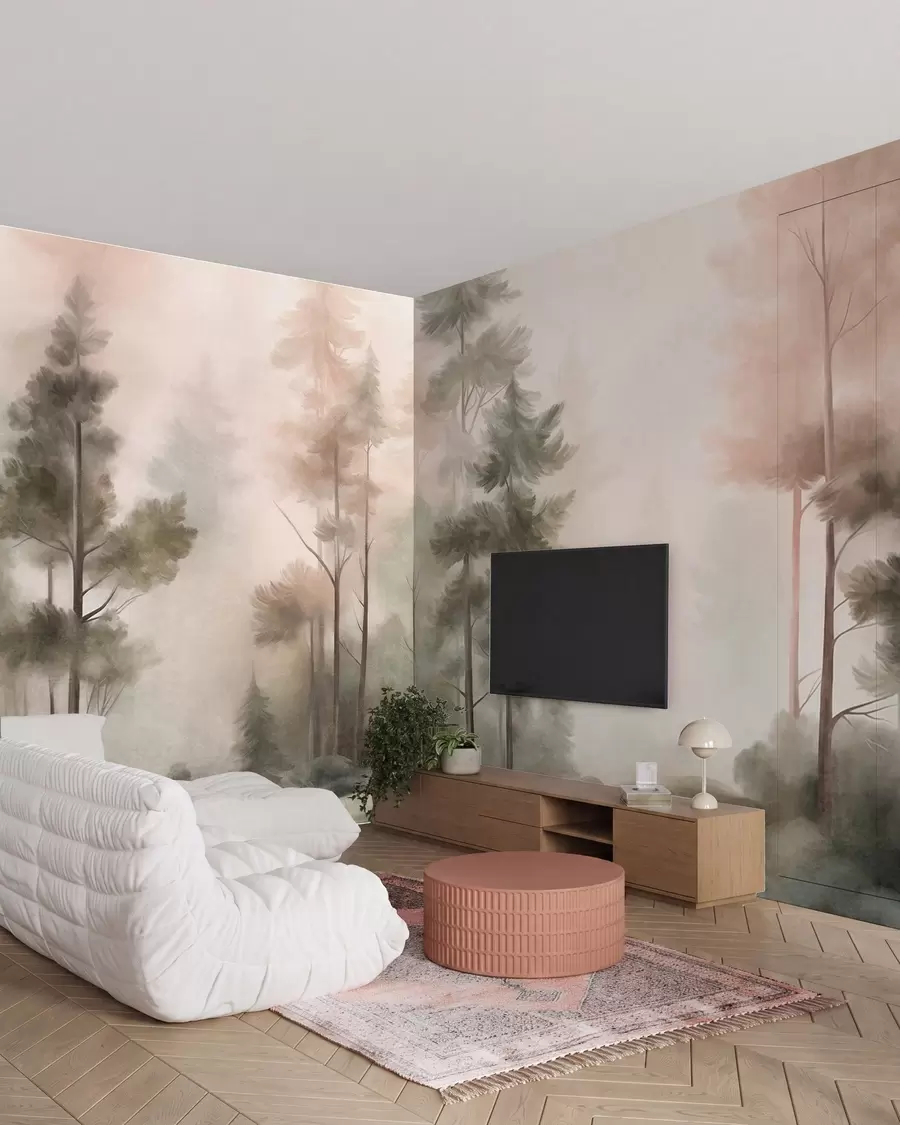 murales de pared Bosque con textura, con altos pinos en tonos verdes y rosas, envuelto en una suave y ligera niebla w09982