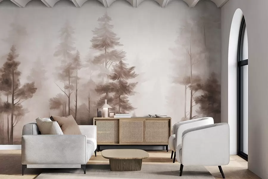 murales de pared Bosque con textura, con altos pinos en tonos marrones y una suave niebla w09982v1