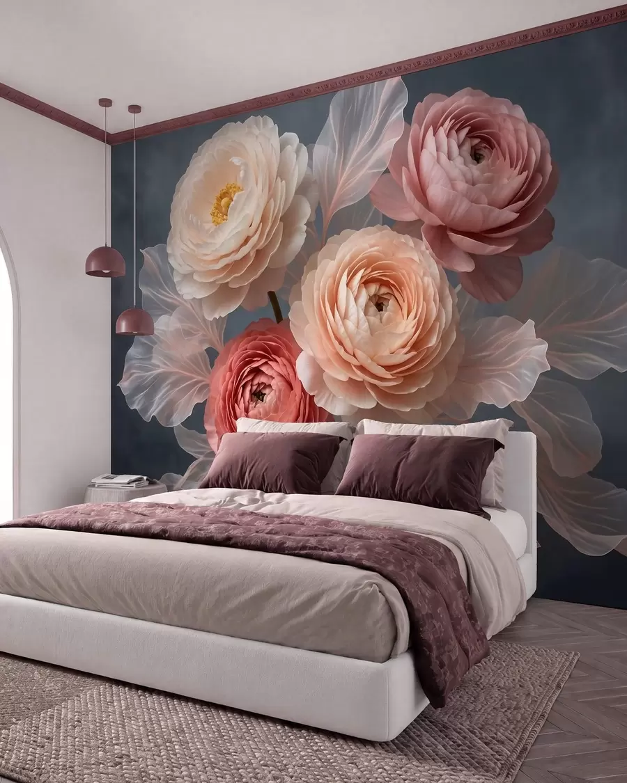 murales de pared Ramo de peonías y ranúnculos en tonos melocotón y rosa sobre un fondo oscuro w09926