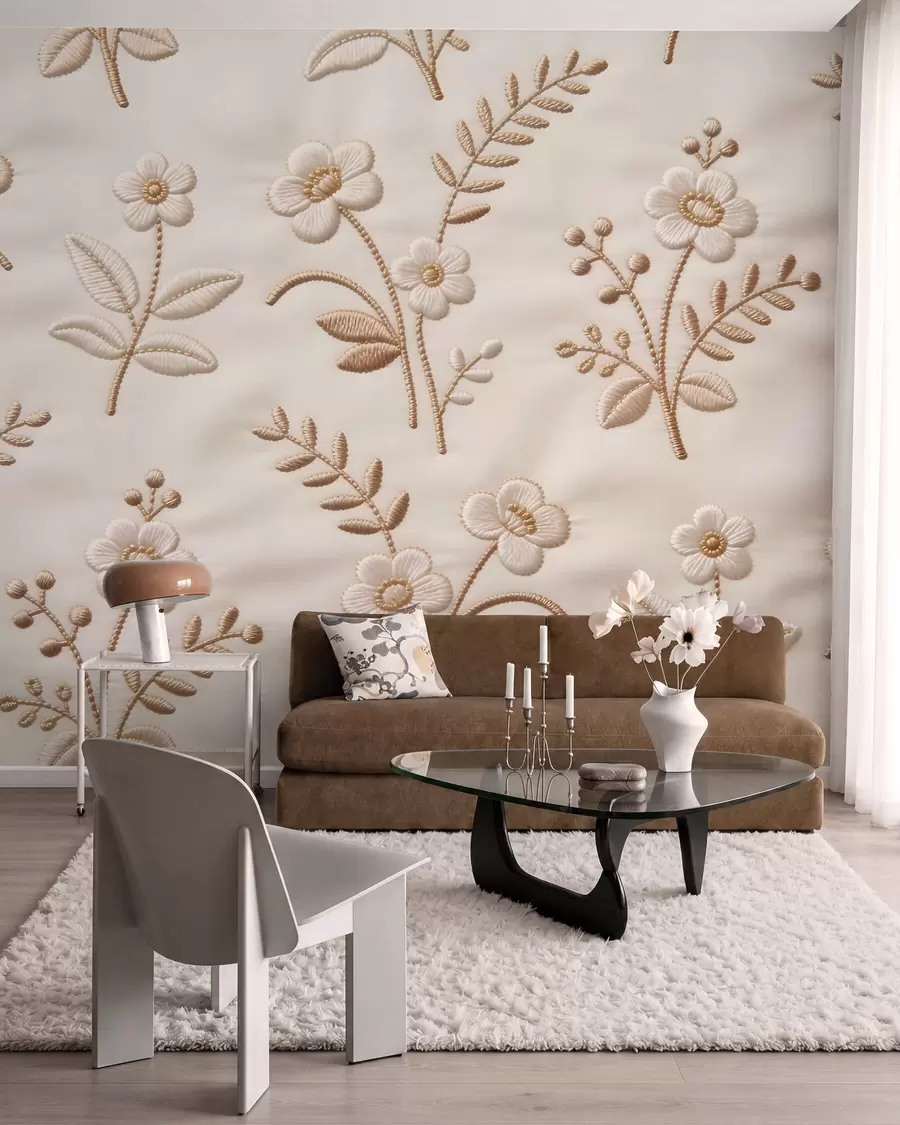 murales de pared Motivo floral de bordado simulado con hilo amarillo sobre tela w09953
