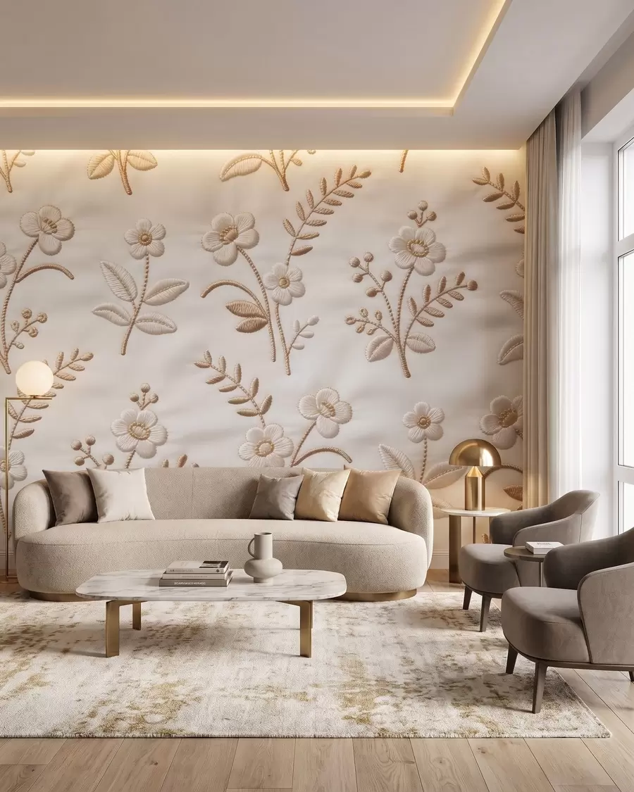 murales de pared Motivo floral de bordado simulado con hilo amarillo sobre tela w09953