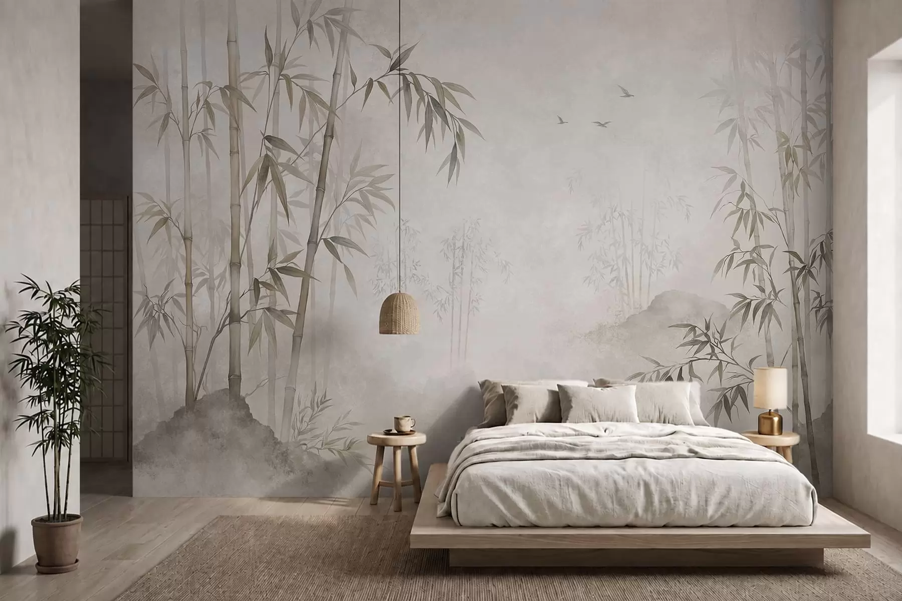 murales de pared Un bosque de bambú envuelto en niebla junto a unas aguas tranquilas w05732