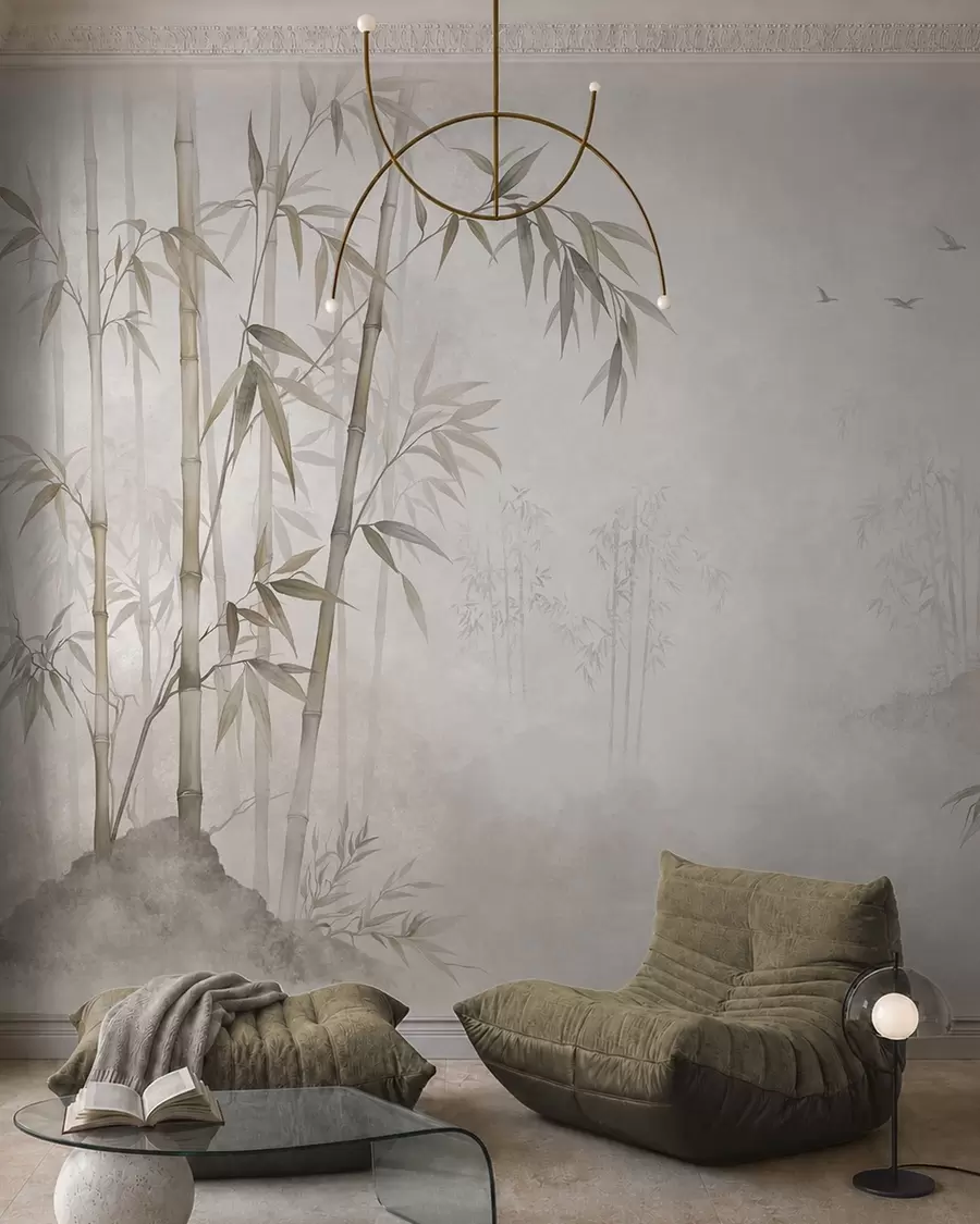 murales de pared Un bosque de bambú envuelto en niebla junto a unas aguas tranquilas w05732