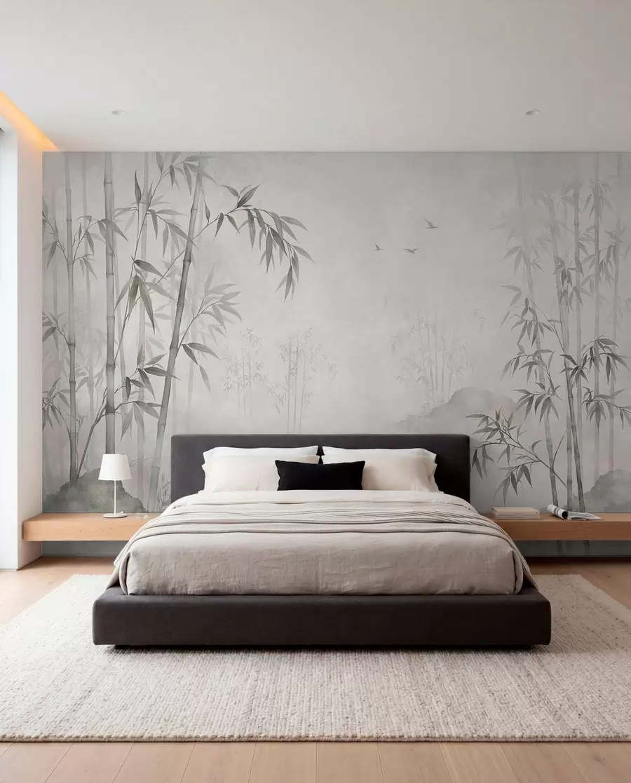 murales de pared Un bosque de bambú monocromático y envuelto en niebla junto a unas aguas tranquilas w05732v1