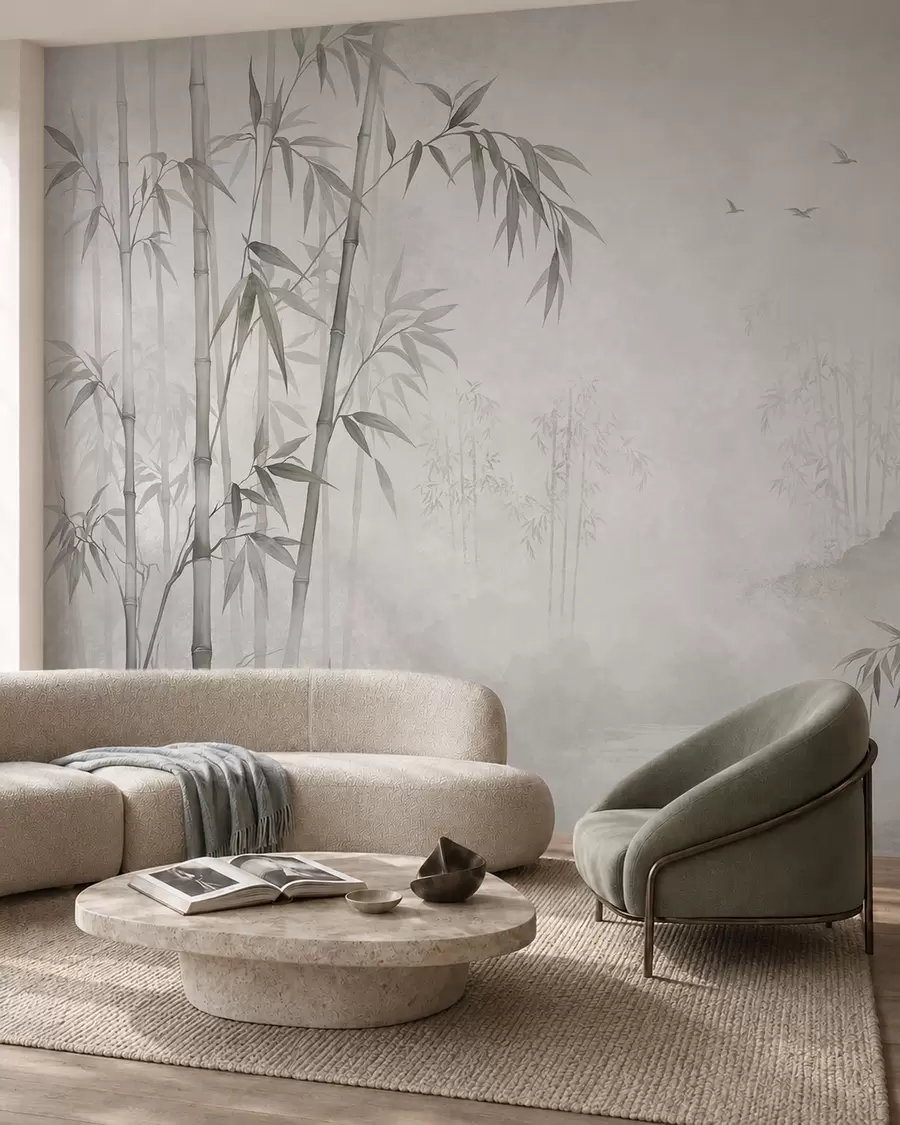 murales de pared Un bosque de bambú monocromático y envuelto en niebla junto a unas aguas tranquilas w05732v1