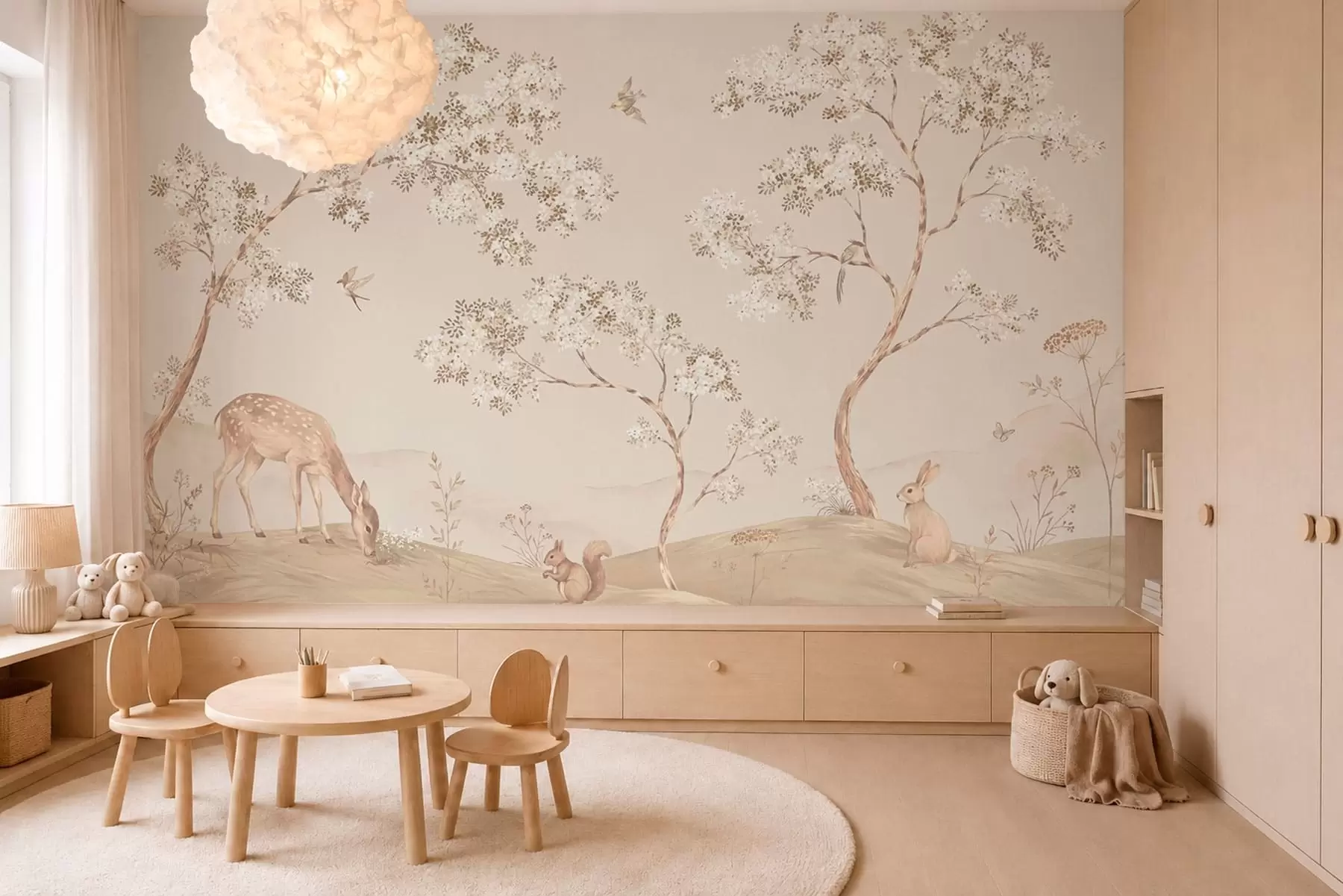 murales de pared Árboles en flor con un ciervo, una liebre y una ardilla w05809