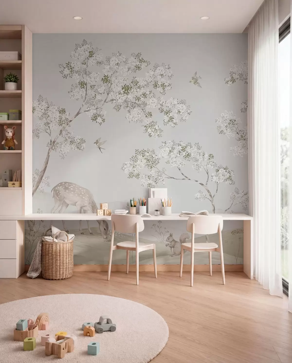 murales de pared Árboles en flor con un ciervo, una liebre y una ardilla en tonos azules w05809v1