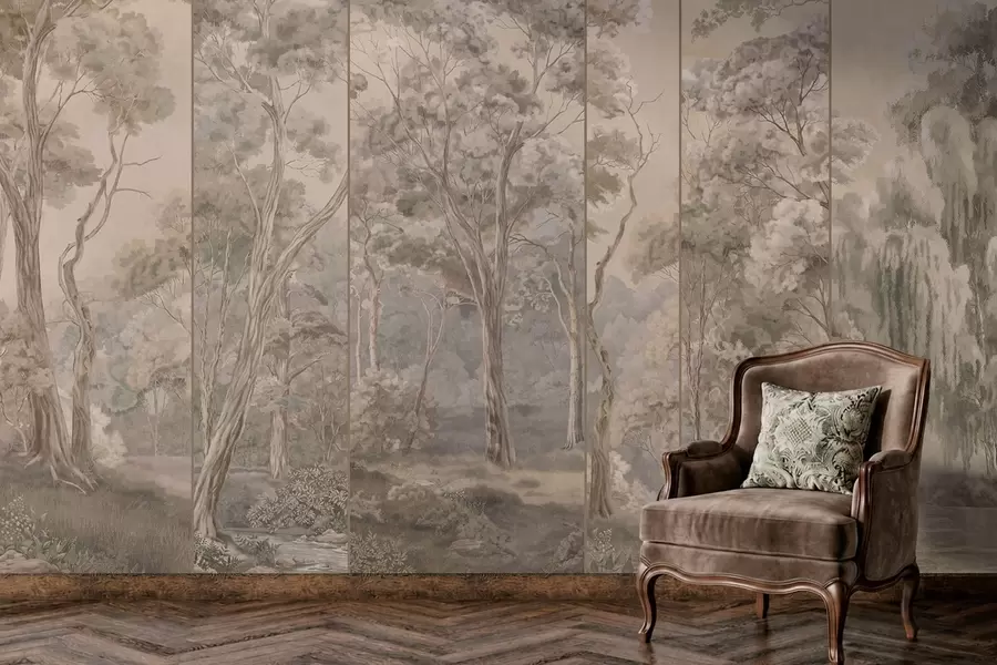 murales de pared Un bosque panorámico con árboles altos en tonos suaves y cálidos w05811