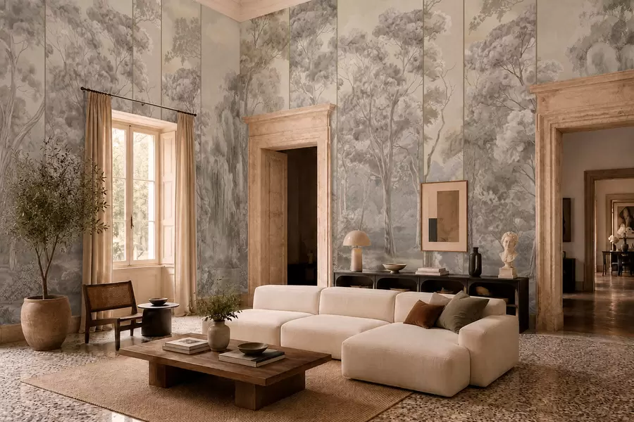 murales de pared Un bosque panorámico con árboles altos en tonos suaves y cálidos w05811