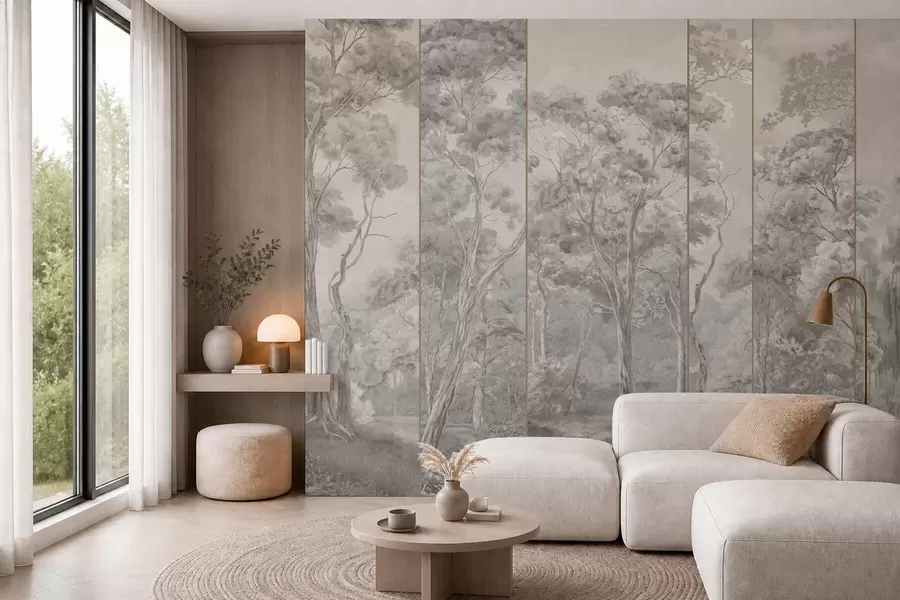 murales de pared Un bosque panorámico con árboles altos en tonos suaves y frescos w05811v1