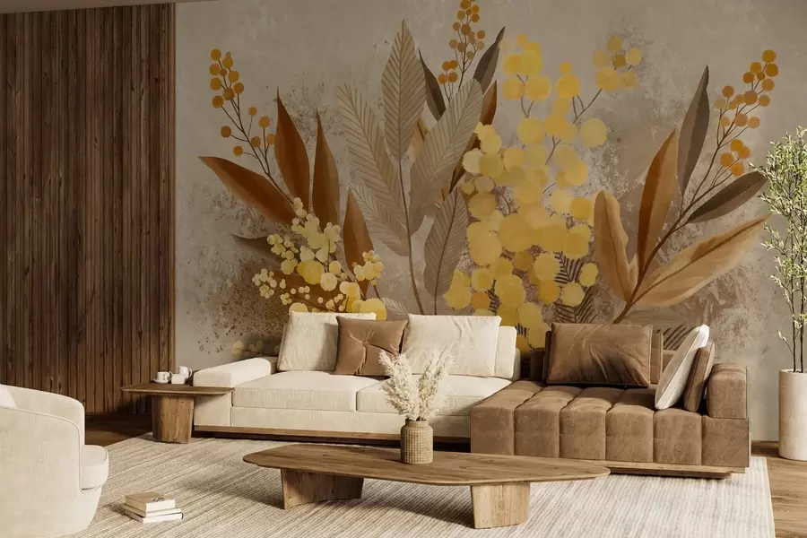 murales de pared Ramas de mimosa pintadas y un herbario en tonos cálidos w05659