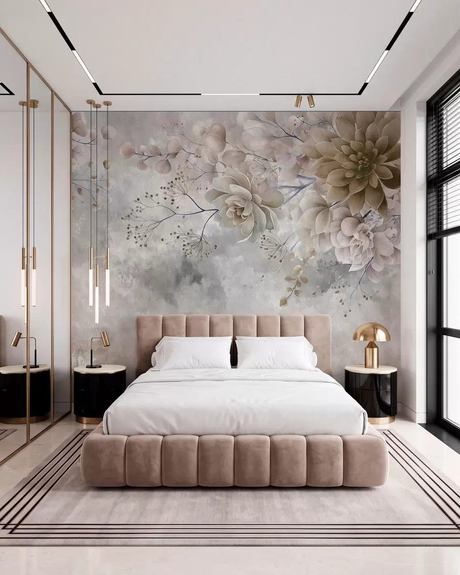 murales de pared Flores de fantasía de estilo retro en la imagen de arriba, en tonos beige y marrón w05753