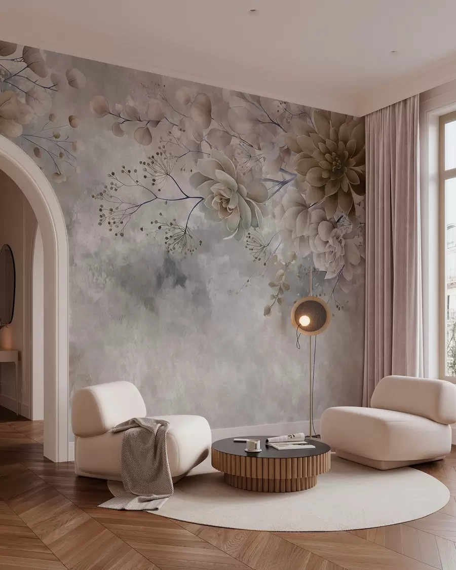 murales de pared Flores de fantasía de estilo retro en la imagen de arriba, en tonos beige y marrón w05753