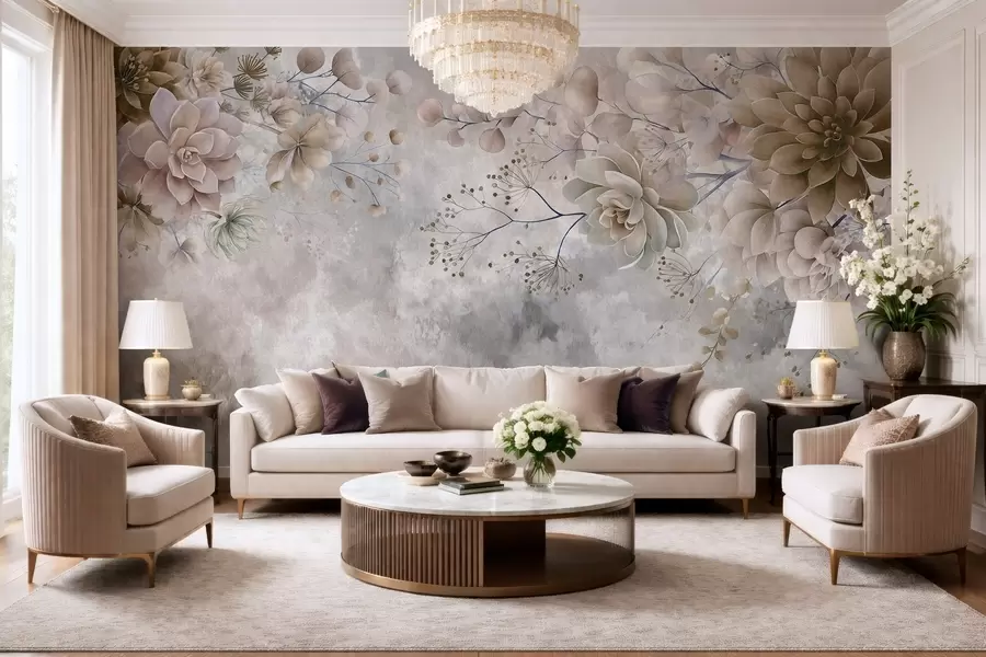 murales de pared Flores de fantasía de estilo retro en la imagen de arriba, en tonos beige y marrón w05753