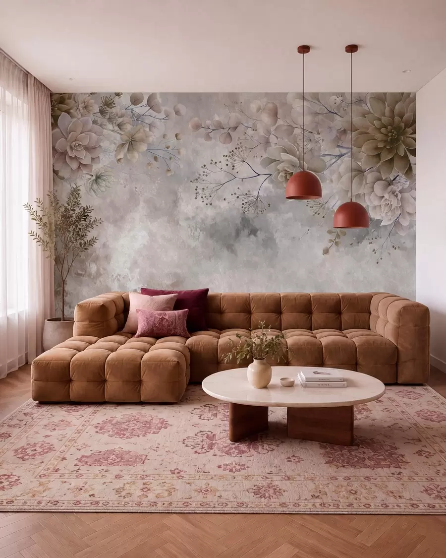 murales de pared Flores de fantasía de estilo retro en la imagen de arriba, en tonos beige y marrón w05753