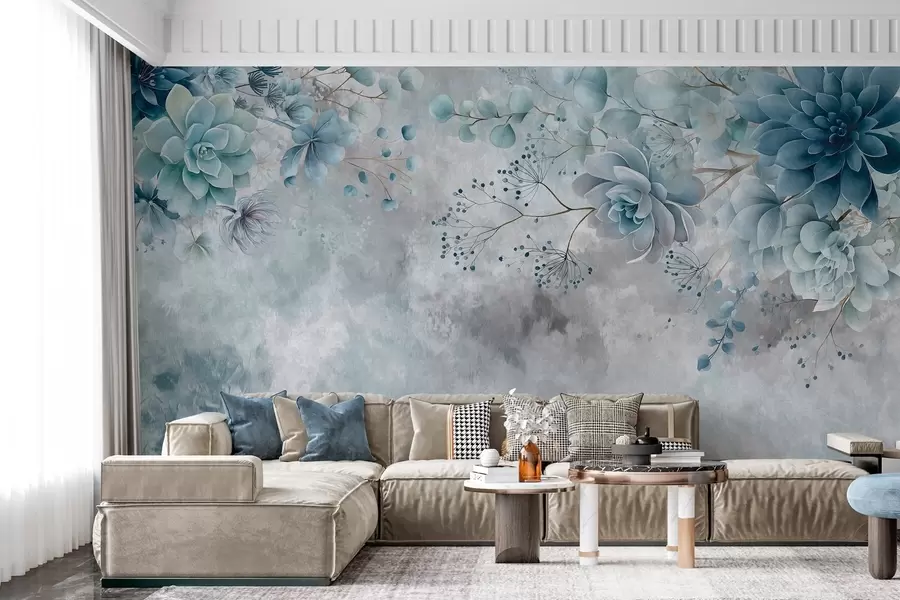 murales de pared Una vista desde arriba de unas flores fantásticas de estilo retro, en tonos azules y turquesa w05753v1
