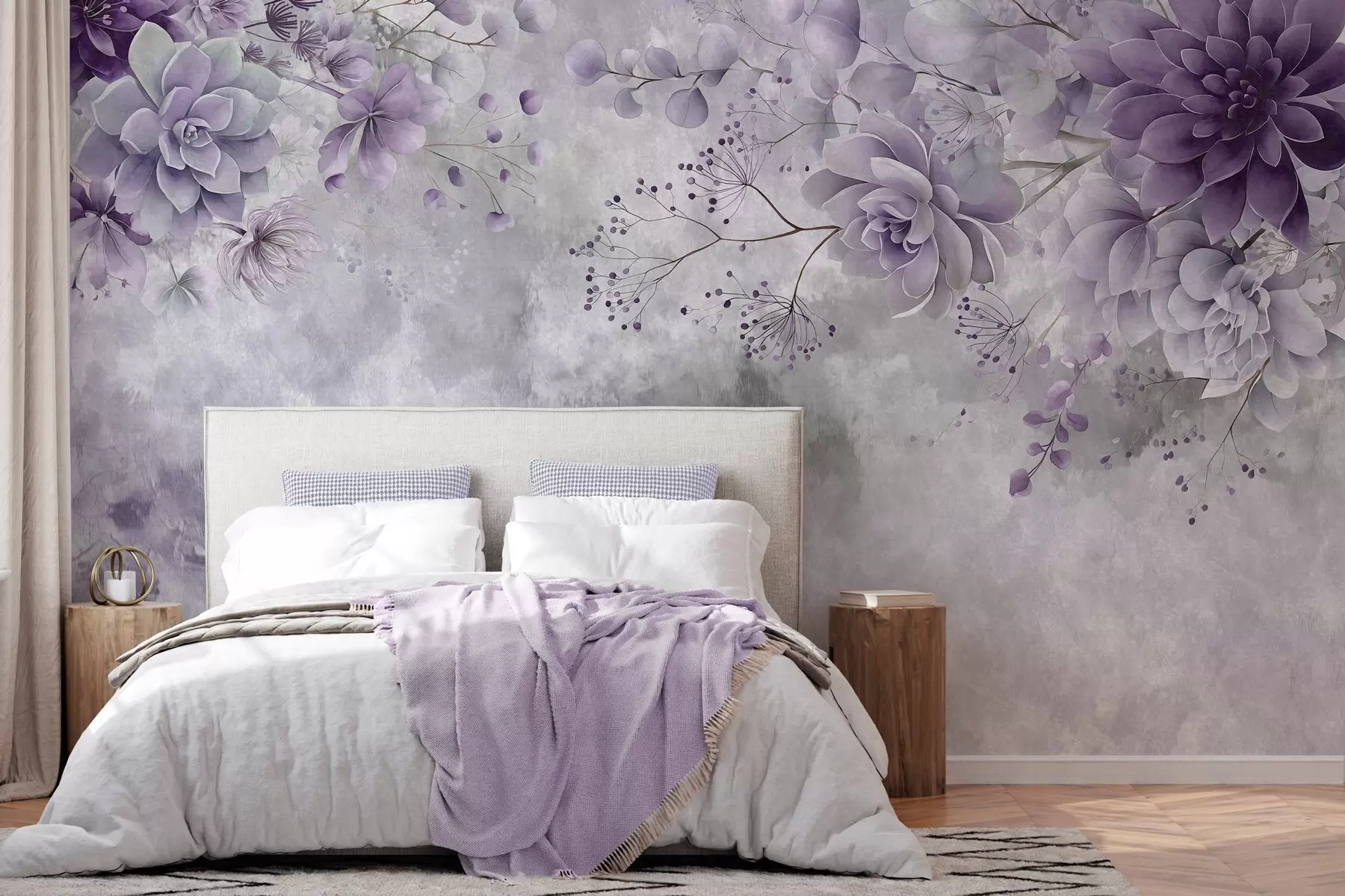 murales de pared Una vista desde arriba de unas flores fantásticas de estilo retro, en tonos morados w05753v2