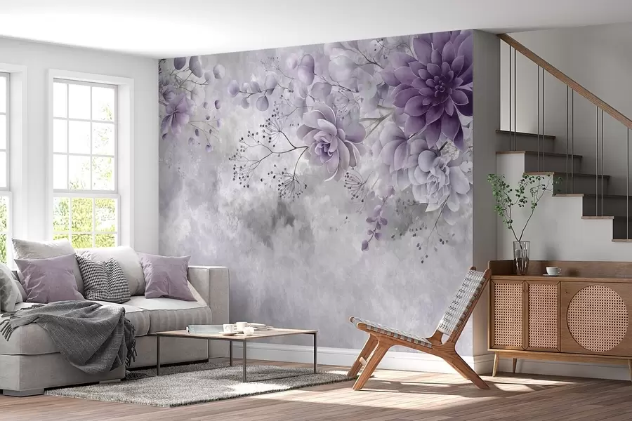 murales de pared Una vista desde arriba de unas flores fantásticas de estilo retro, en tonos morados w05753v2