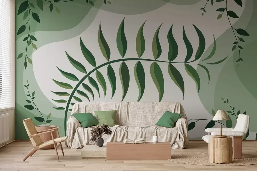 murales de pared Una hoja de helecho curvada en tonos verdes w05756