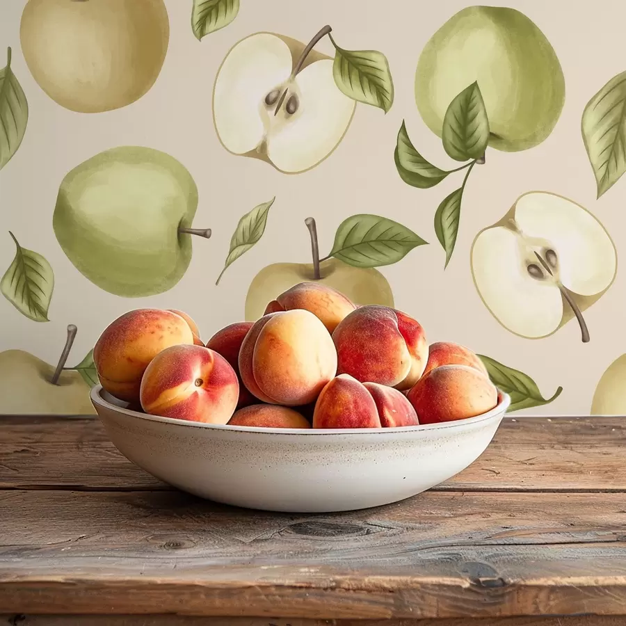 murales de pared Manzanas verdes y hojas sobre un fondo claro y cálido a01236v1
