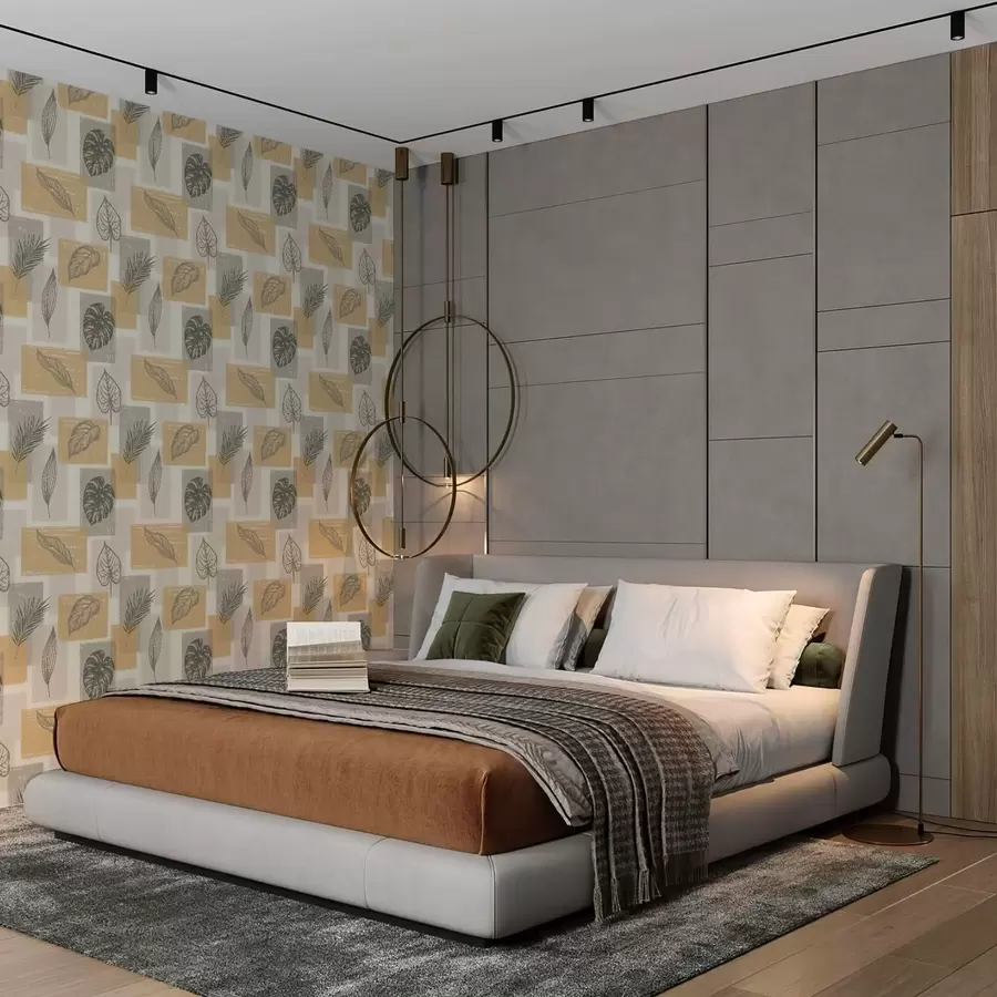 murales de pared Contornos de hojas con bloques geométricos en tonos cálidos a01239v1