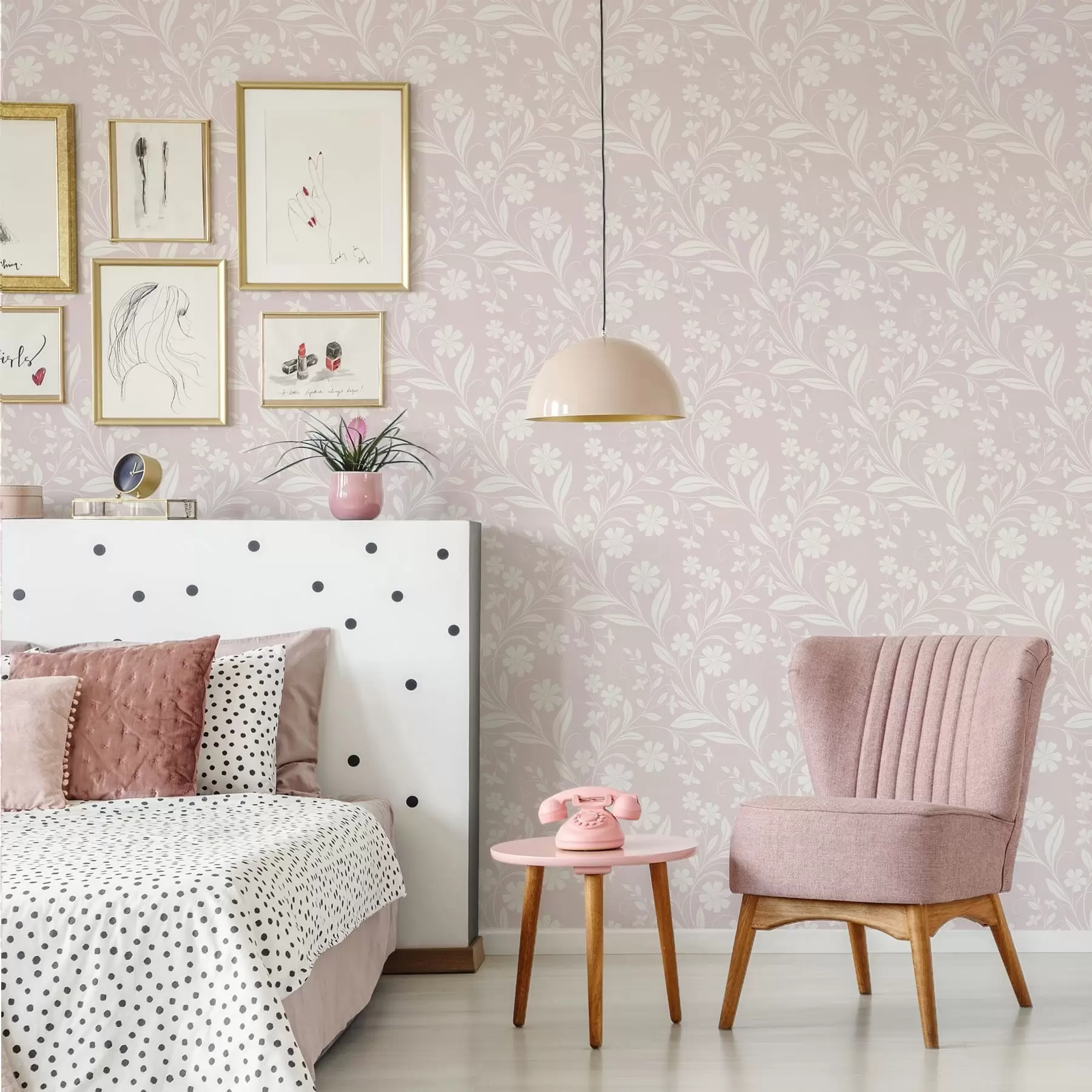 murales de pared Flores blancas y enredaderas sobre un fondo rosa pálido a01242v1