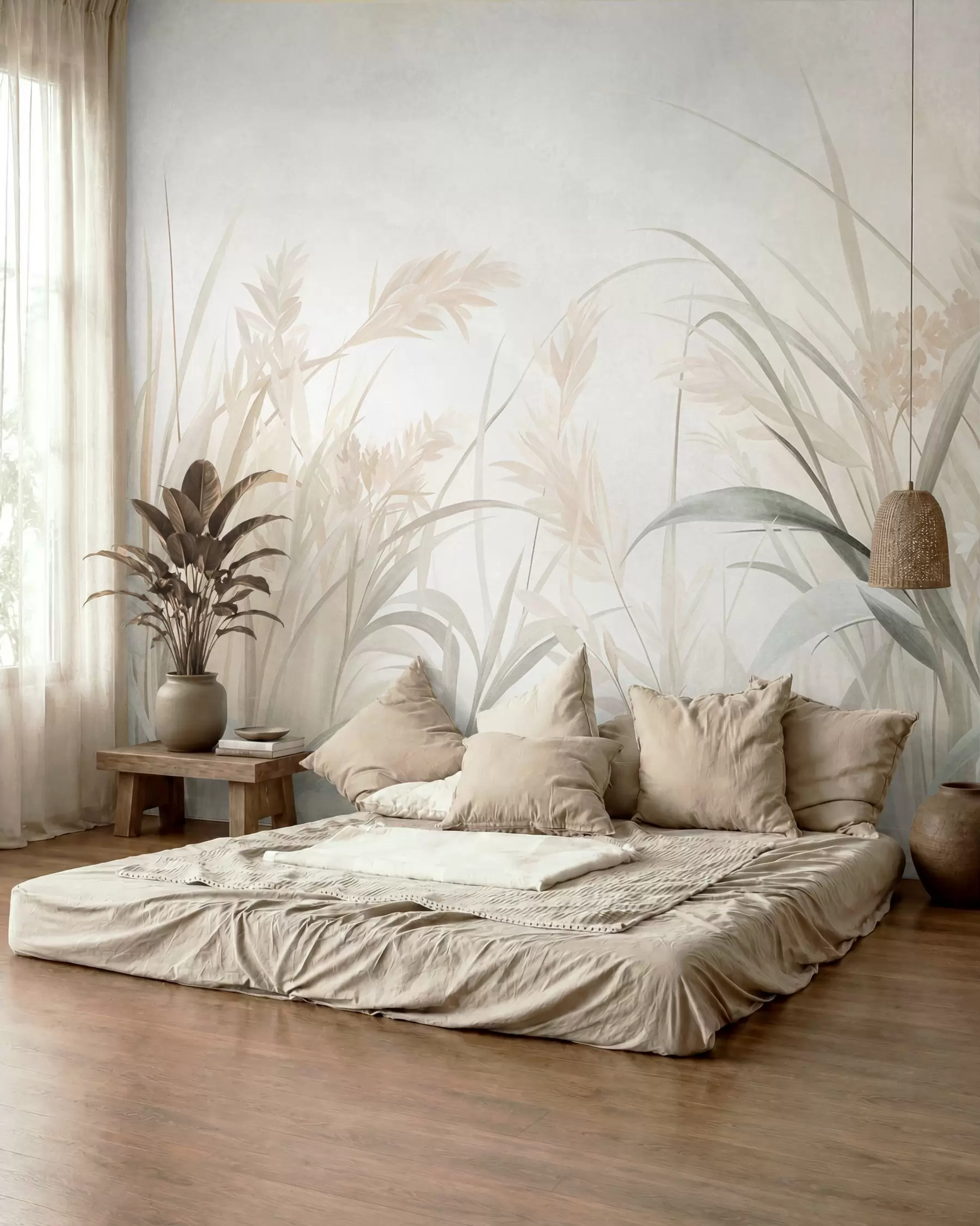 murales de pared Hierbas altas y delicadas y juncos en tonos suaves y apagados de beige, crema y verde, con textura w09981