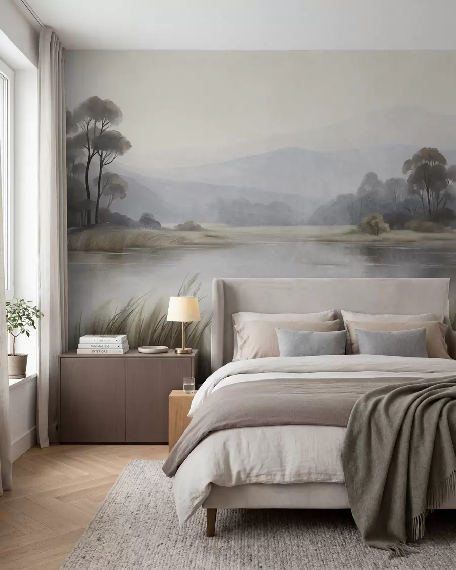 murales de pared Paisaje con relieve, con un lago, hierbas altas, árboles y montañas al fondo w09983