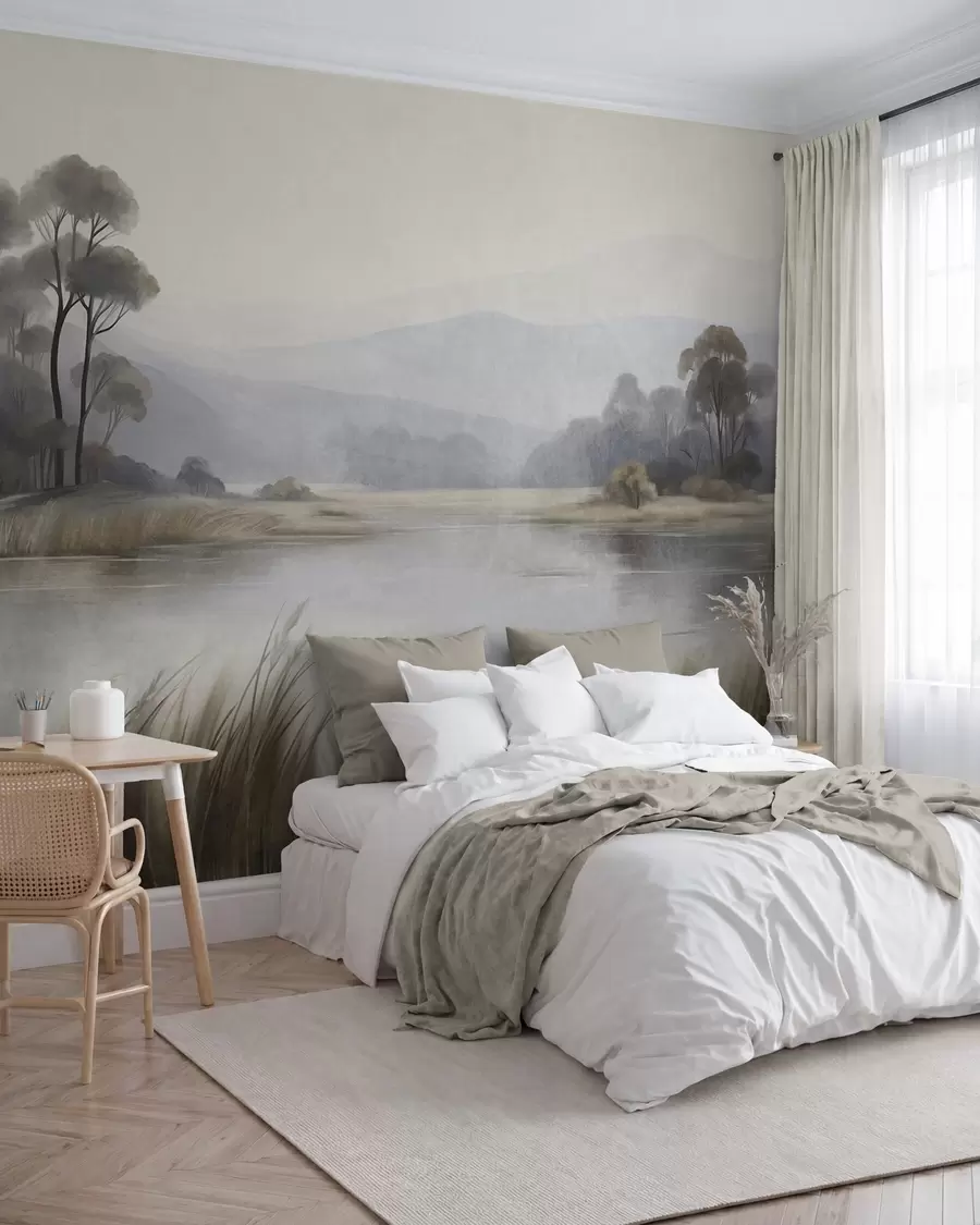 murales de pared Paisaje con relieve, con un lago, hierbas altas, árboles y montañas al fondo w09983