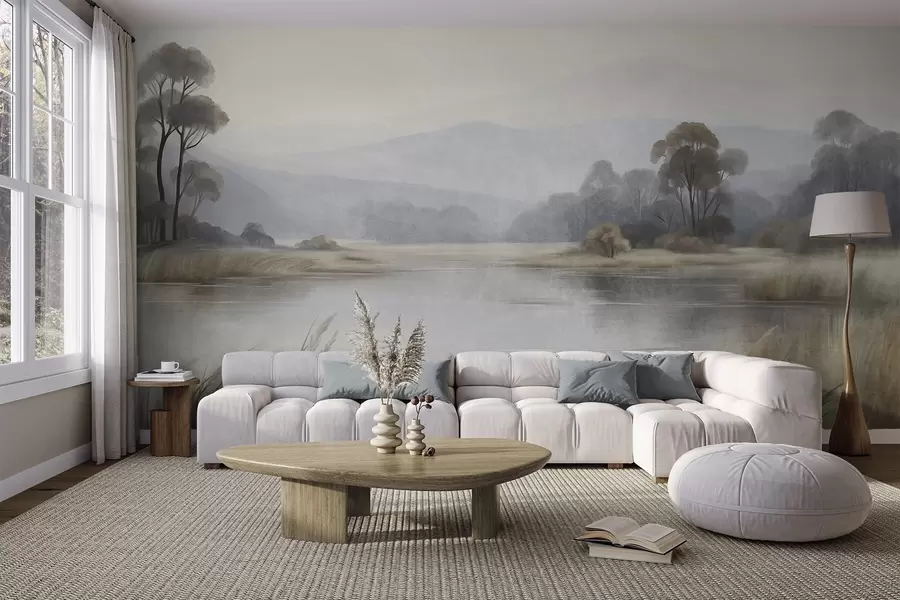 murales de pared Paisaje con relieve, con un lago, hierbas altas, árboles y montañas al fondo w09983