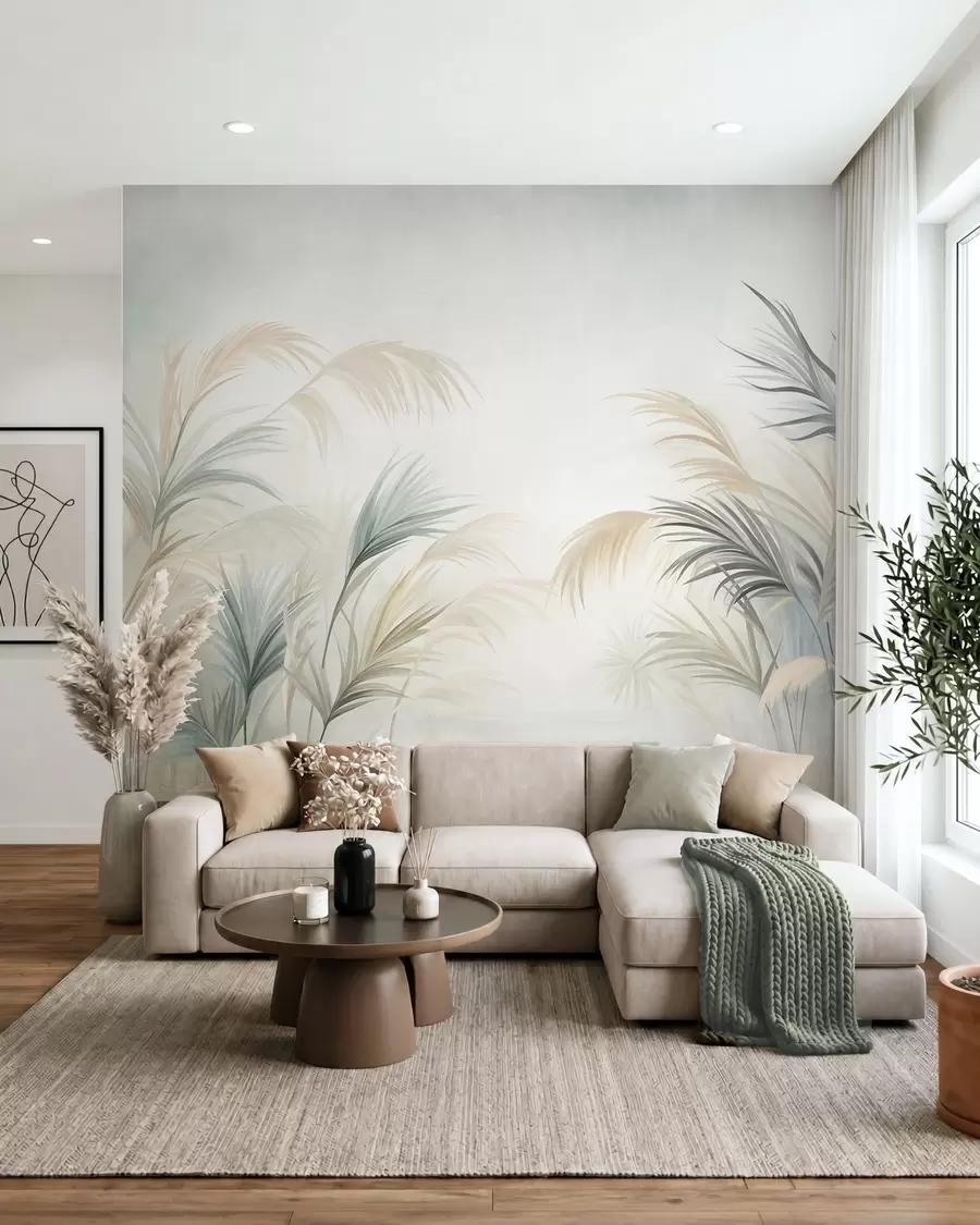 murales de pared Plantas altas en tonos apagados de beige, verde y gris sobre un fondo de textura suave w09984
