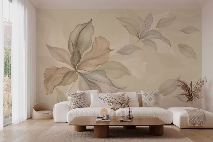 murales de pared Hojas decorativas grandes sobre un fondo cálido w05733